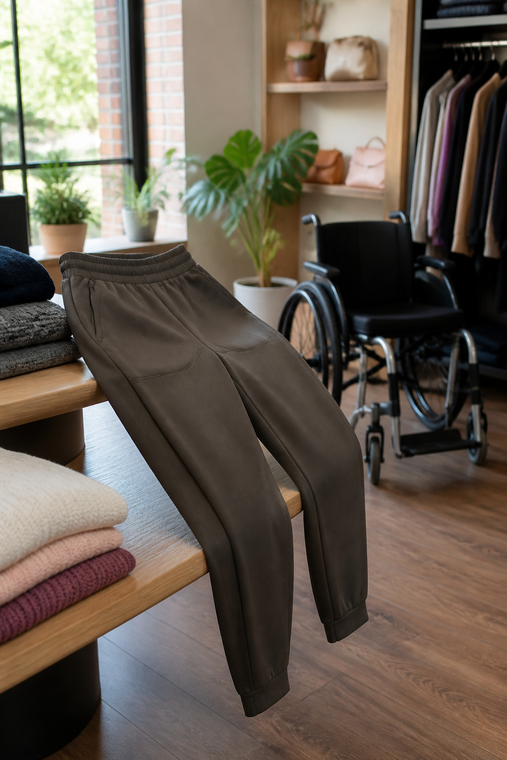 Comfortable tailored joggers displayed in an accessibility-focused boutique.