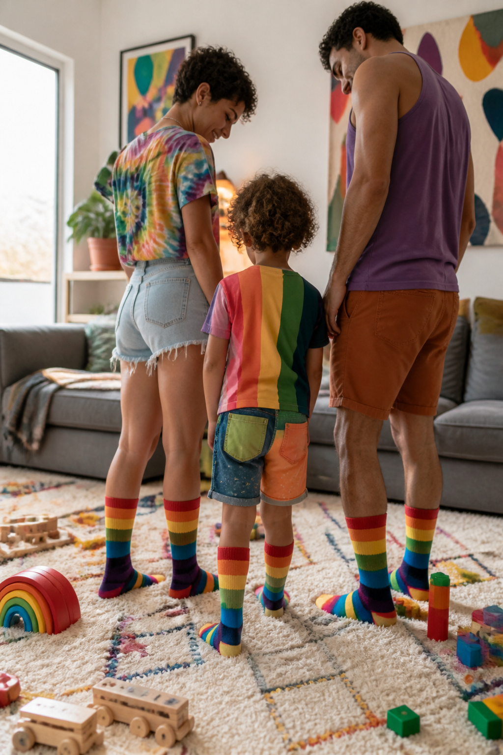 Colorful ensemble of matching rainbow socks on family members.