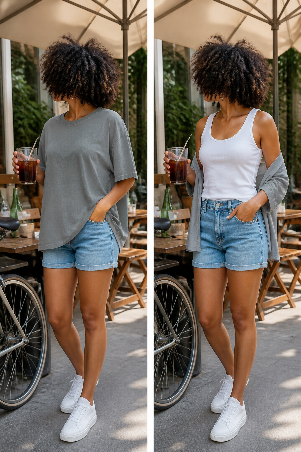 Cotton-blend tank top paired with denim shorts in a casual setting.