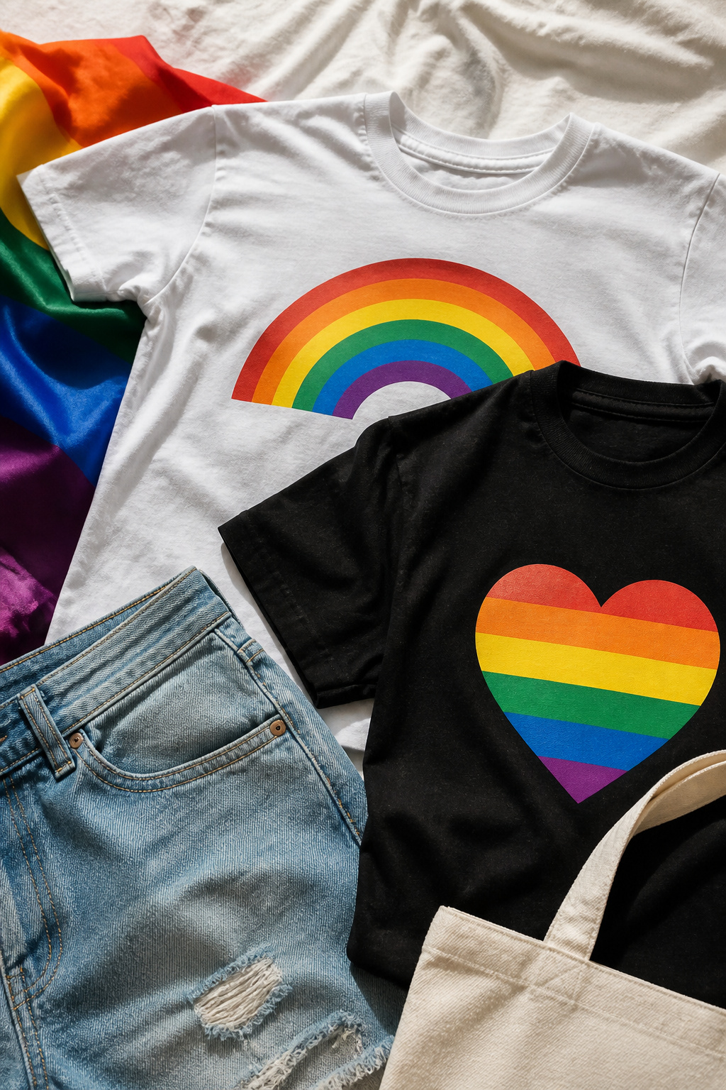 A still life of graphic tees featuring pride-themed designs.