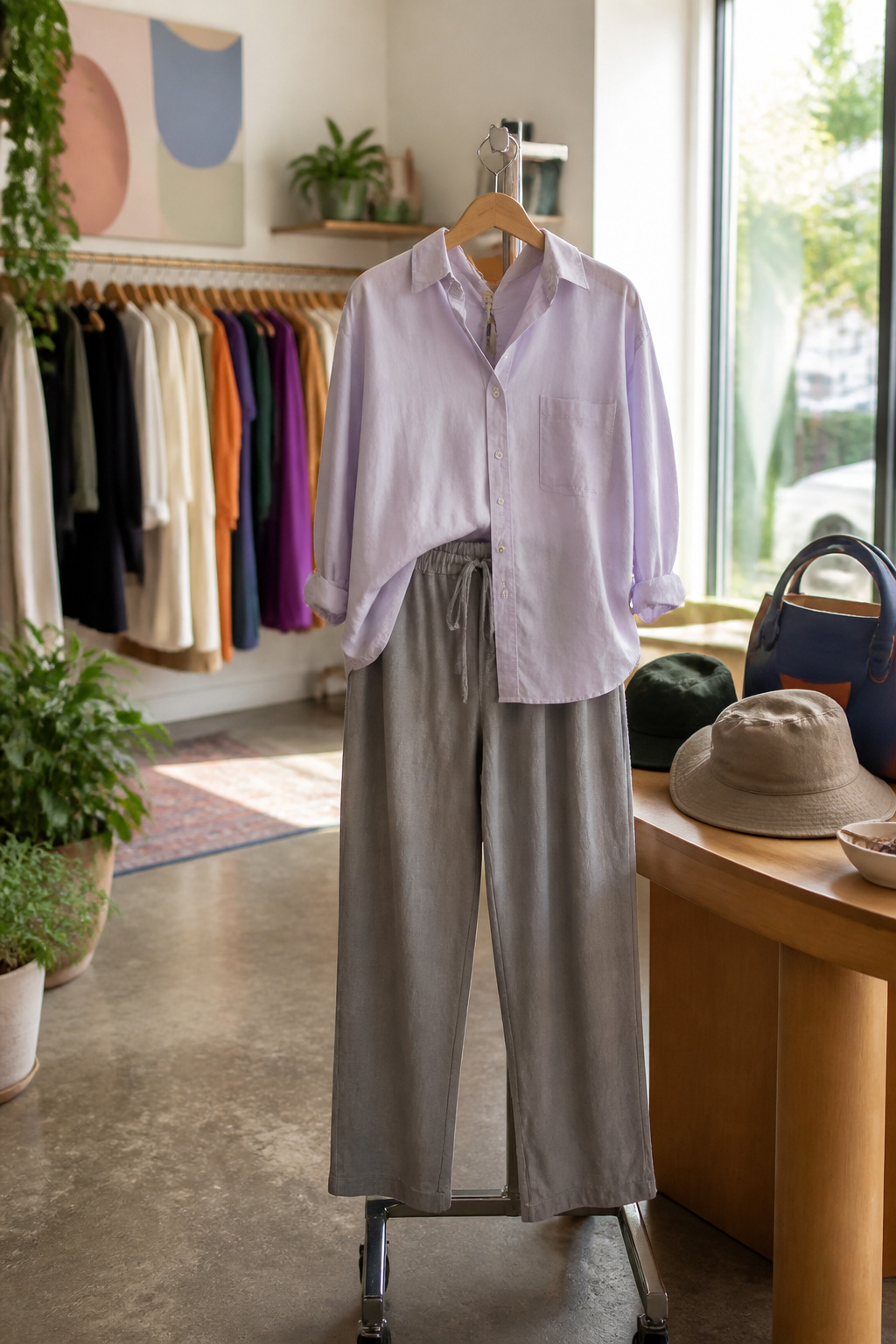 Relaxed-fit trousers and a loose button-up top displayed in a boutique.