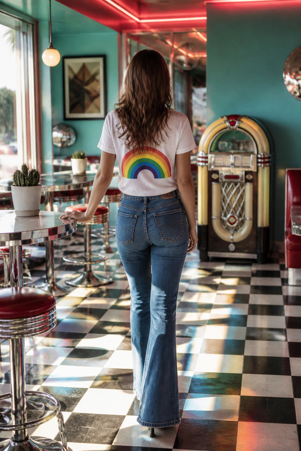 A woman in high-waisted flared jeans and a slogan tee in a diner.