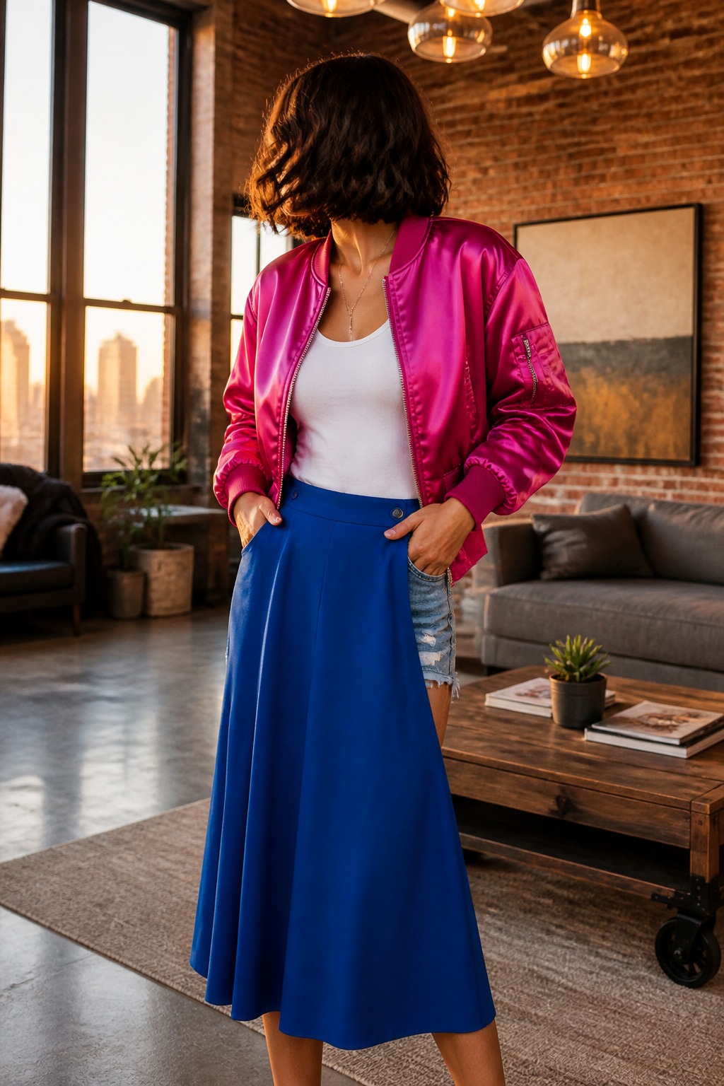 Cropped satin bomber jacket displayed with casual outfit elements.