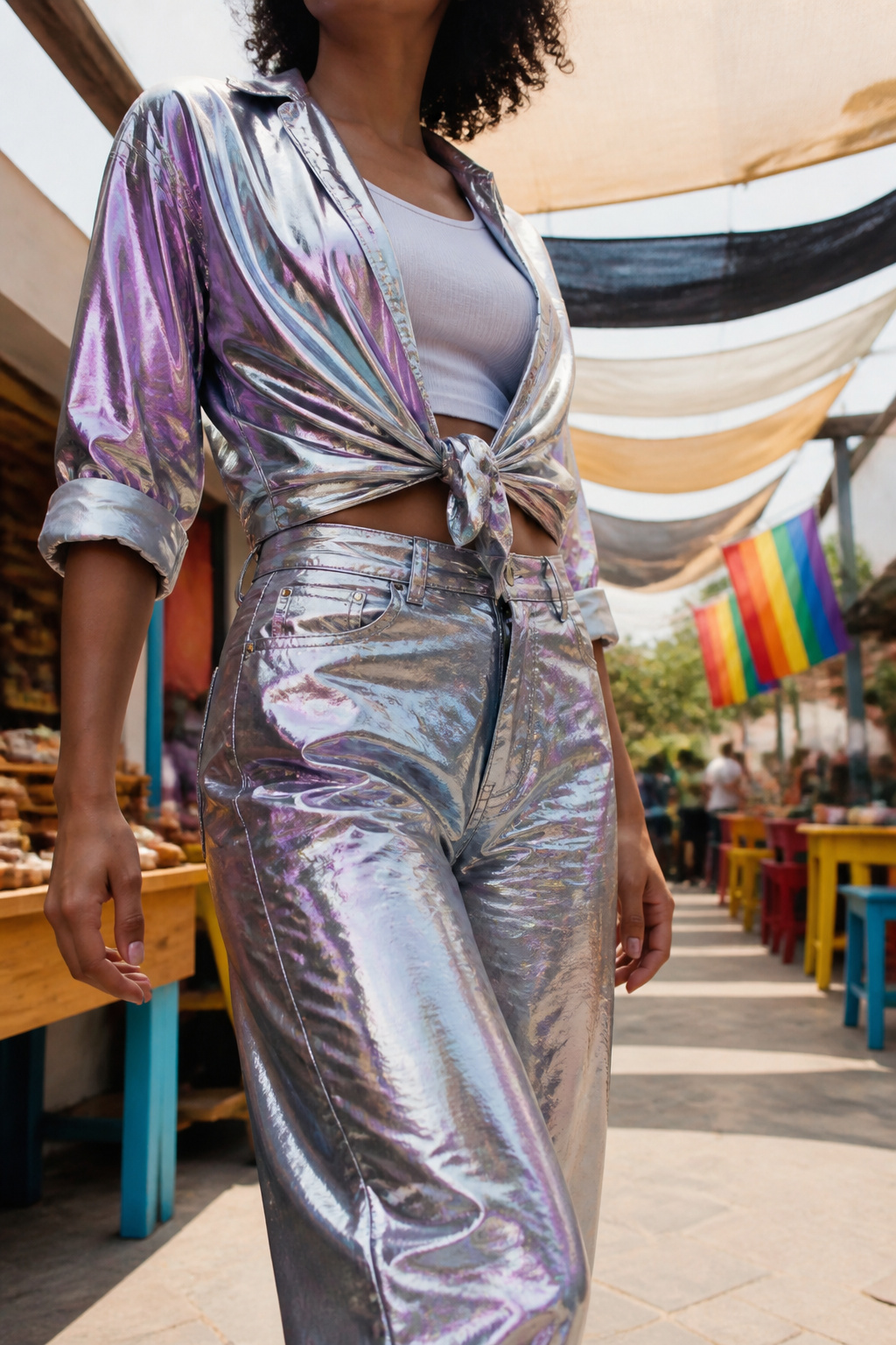 A sequin bodysuit displayed in a bright outdoor setting.