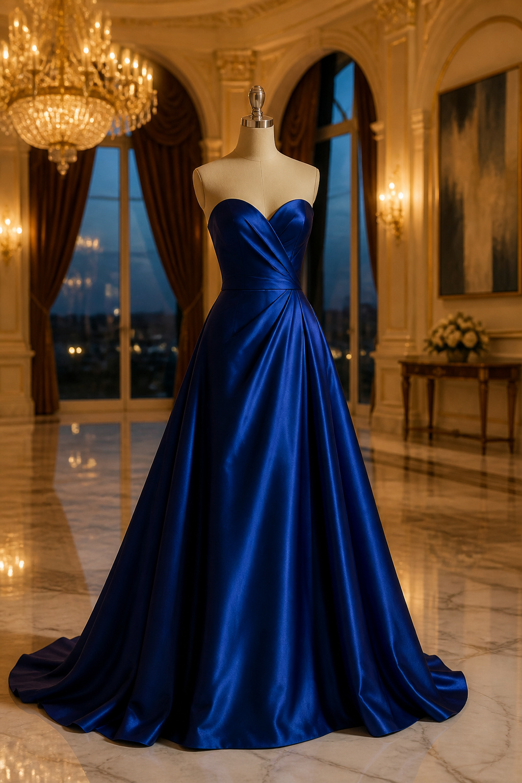 A long prom dress with a sweeping skirt and elegant design.