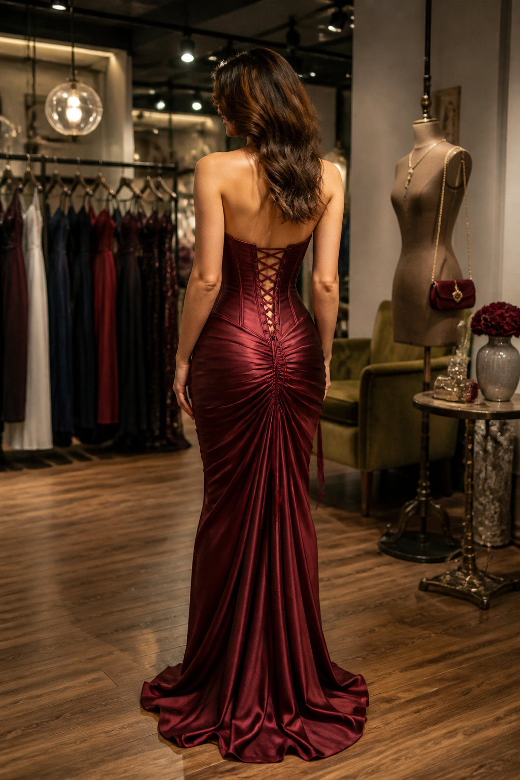 A corset prom dress showcasing vertical boning and a dramatic back.