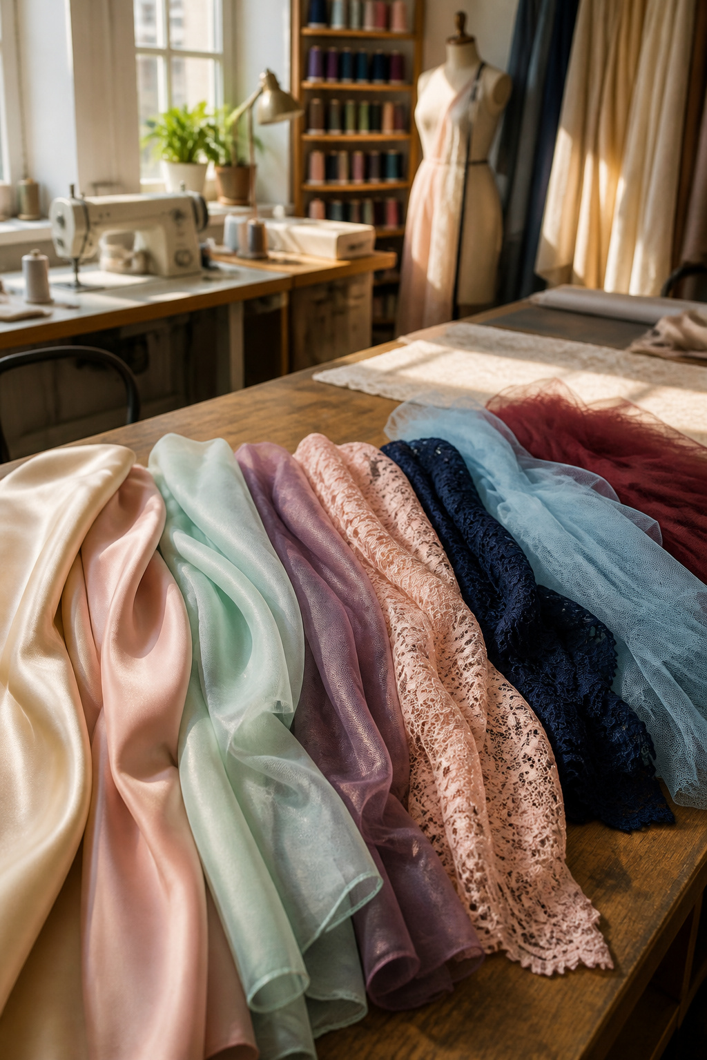 Fabric swatches showing different materials used in prom dresses.