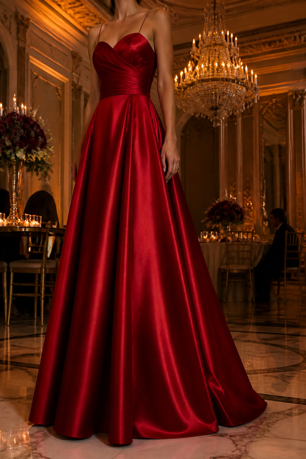 An A-line prom dress with a fitted bodice and flared skirt.