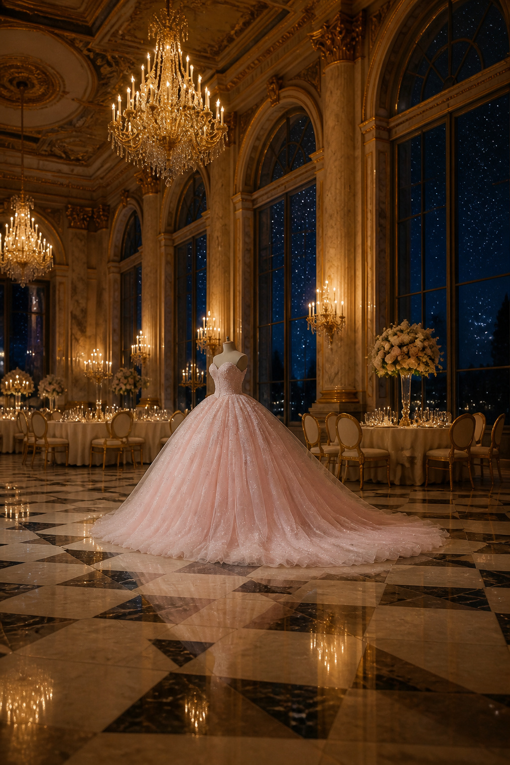 A ball gown prom dress featuring a fitted bodice and full skirt.