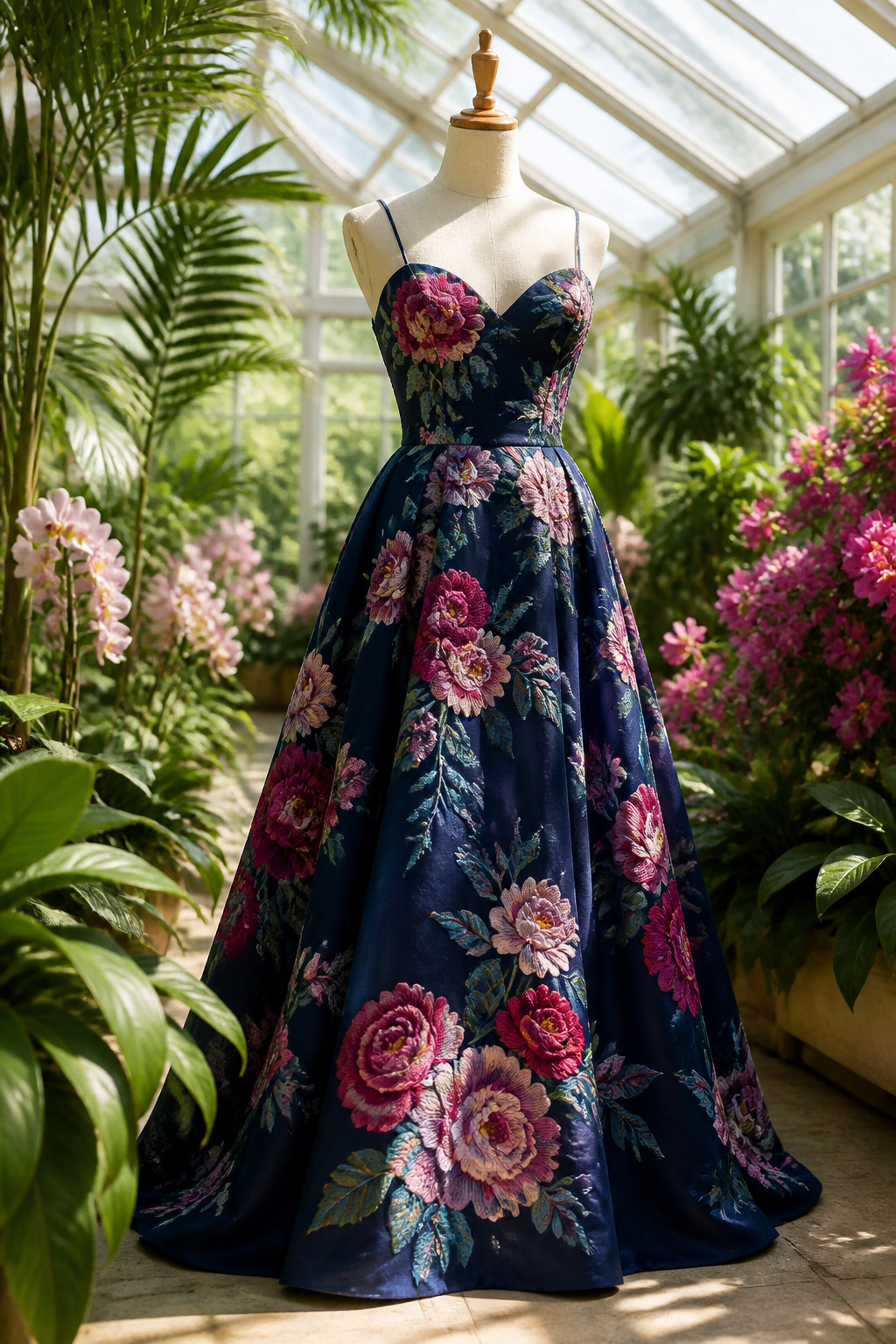 A printed floral prom dress featuring vibrant embroidery.