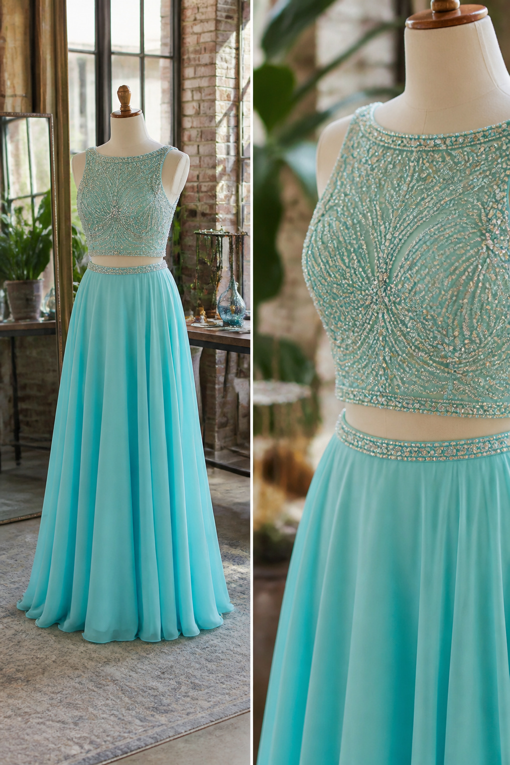 A two-piece prom dress featuring a crop top and matching skirt.