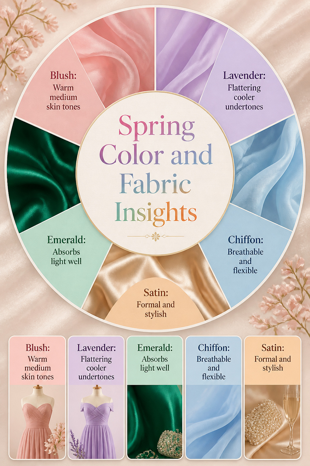 An information image detailing spring colors and fabric choices for dresses.