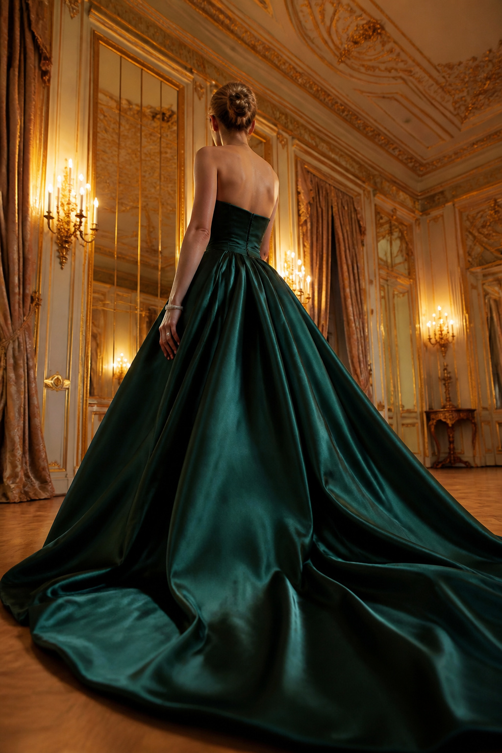A ball gown featuring a fitted bodice and a full skirt.
