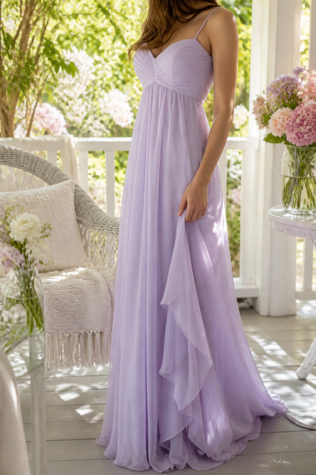 A light lavender empire waist dress with a high seam below the bust.