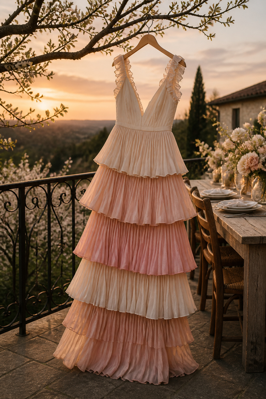 A tiered maxi dress with layers in cream and soft rose colors.