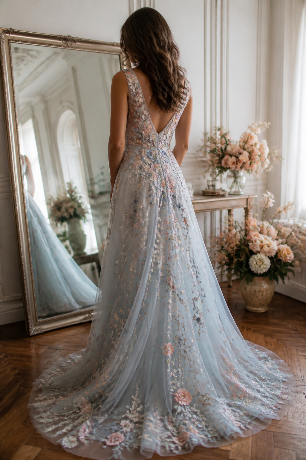 A dress featuring intricate floral embroidery along the neckline.
