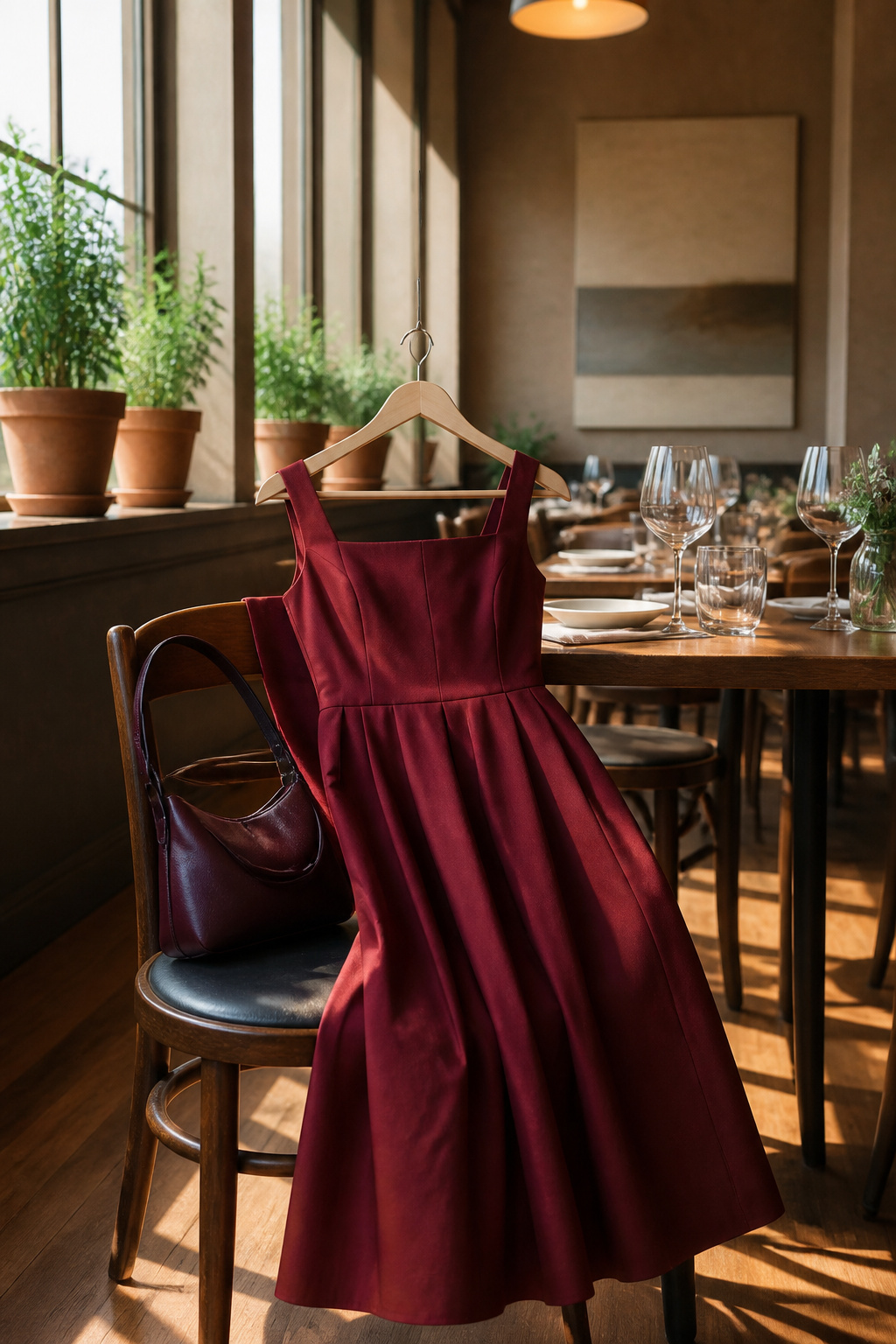A burgundy midi dress with a structured design, landing between the knee and mid-calf.