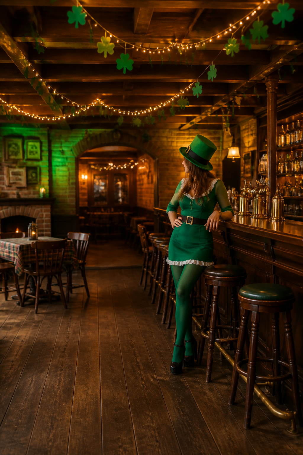 Women's leprechaun costume with a green dress and tights.