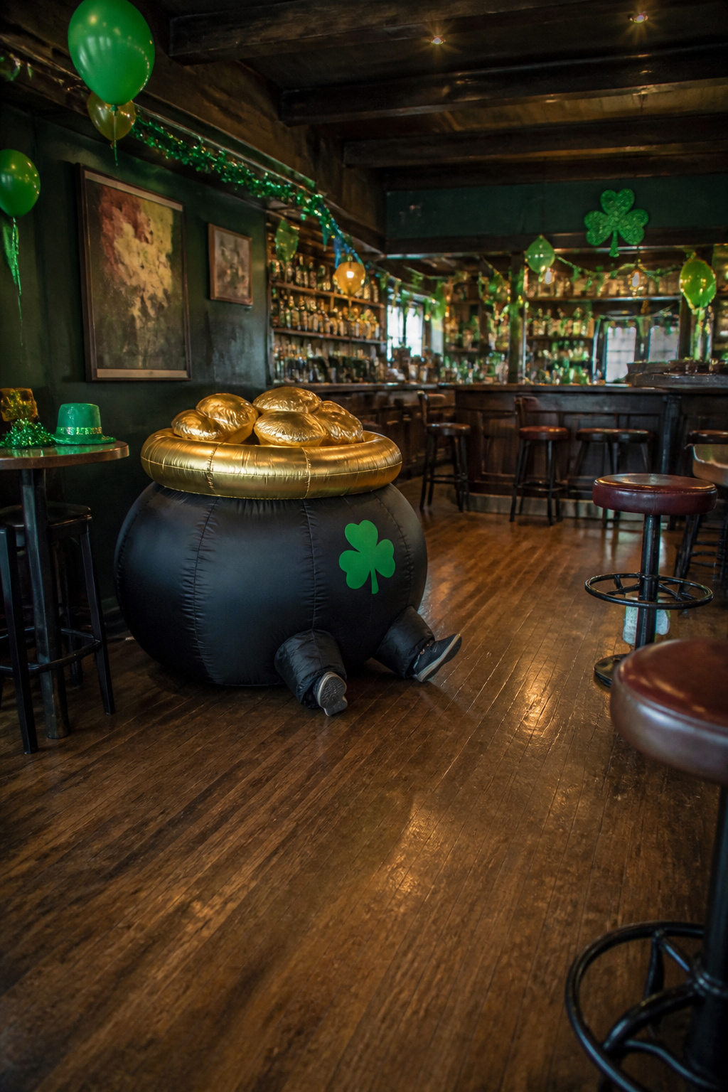 Adult wearing a battery-operated inflatable pot of gold costume.