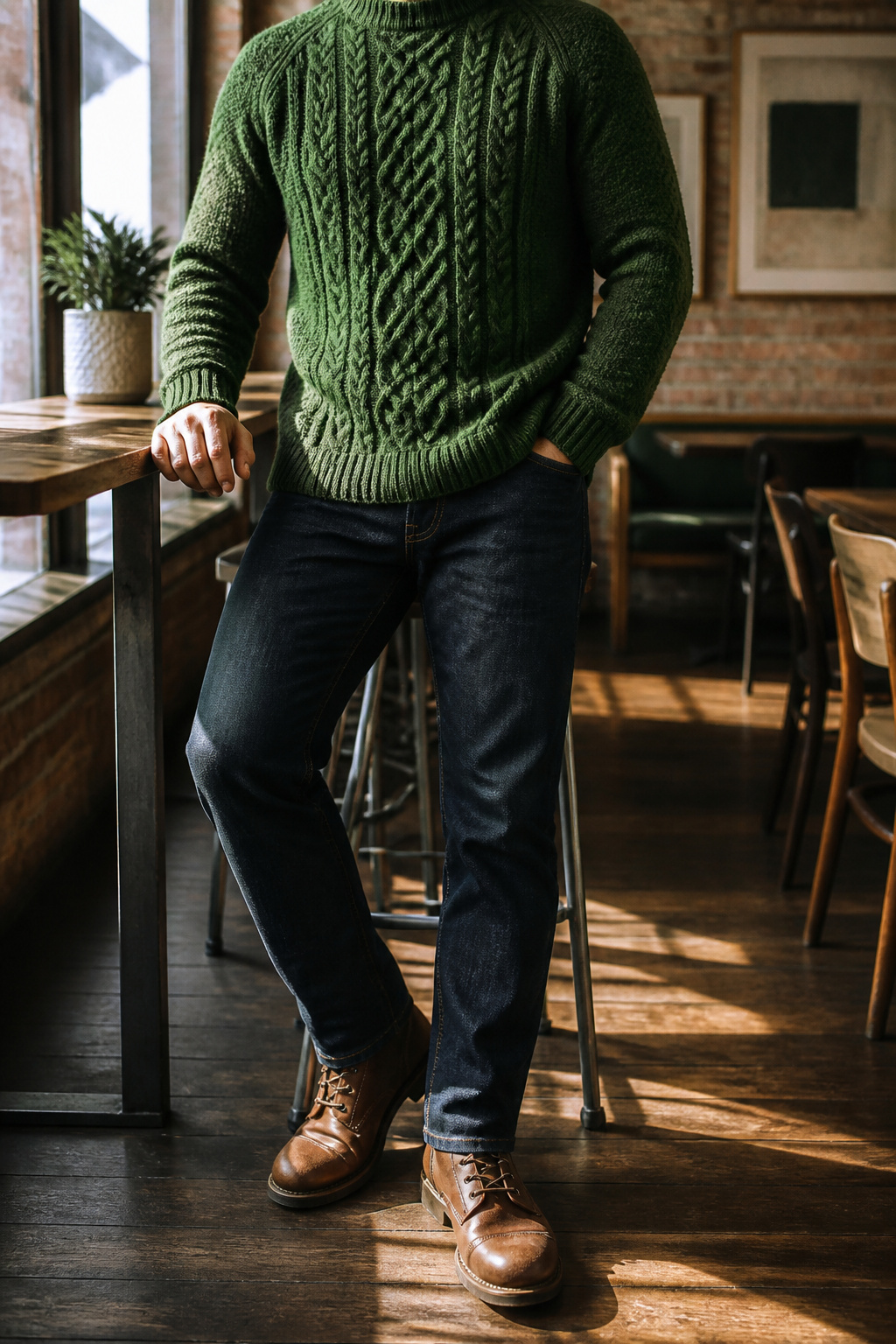 Cable-knit Irish sweater styled with dark jeans and brown boots.