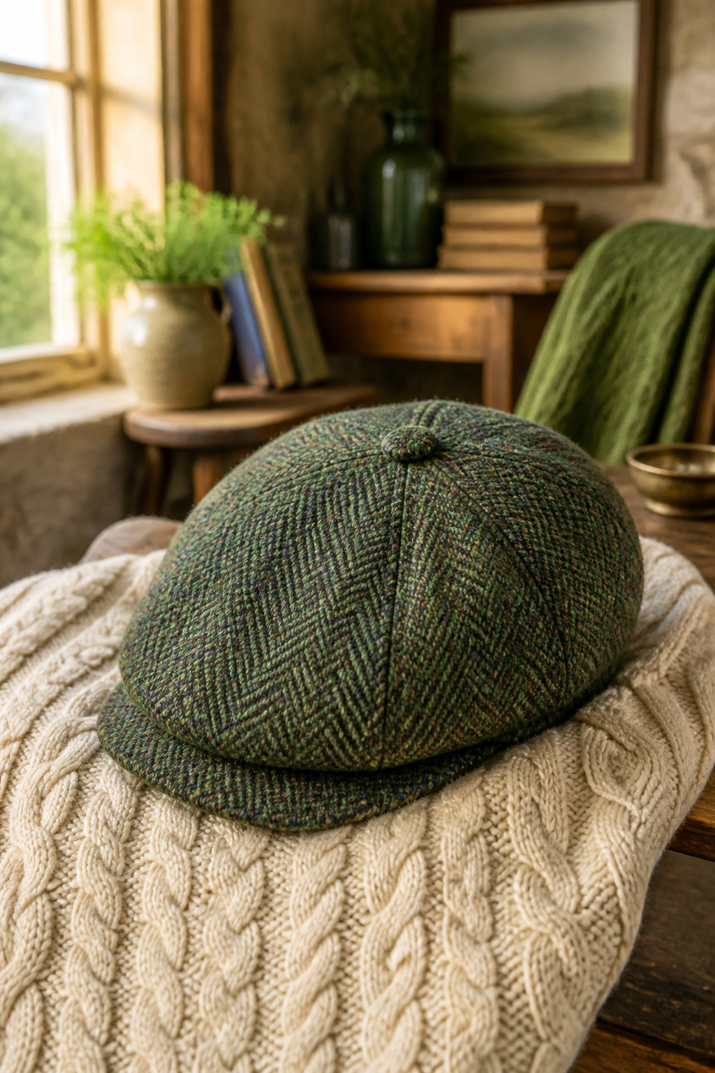 Tweed flat cap worn with a cream cable knit and denim.