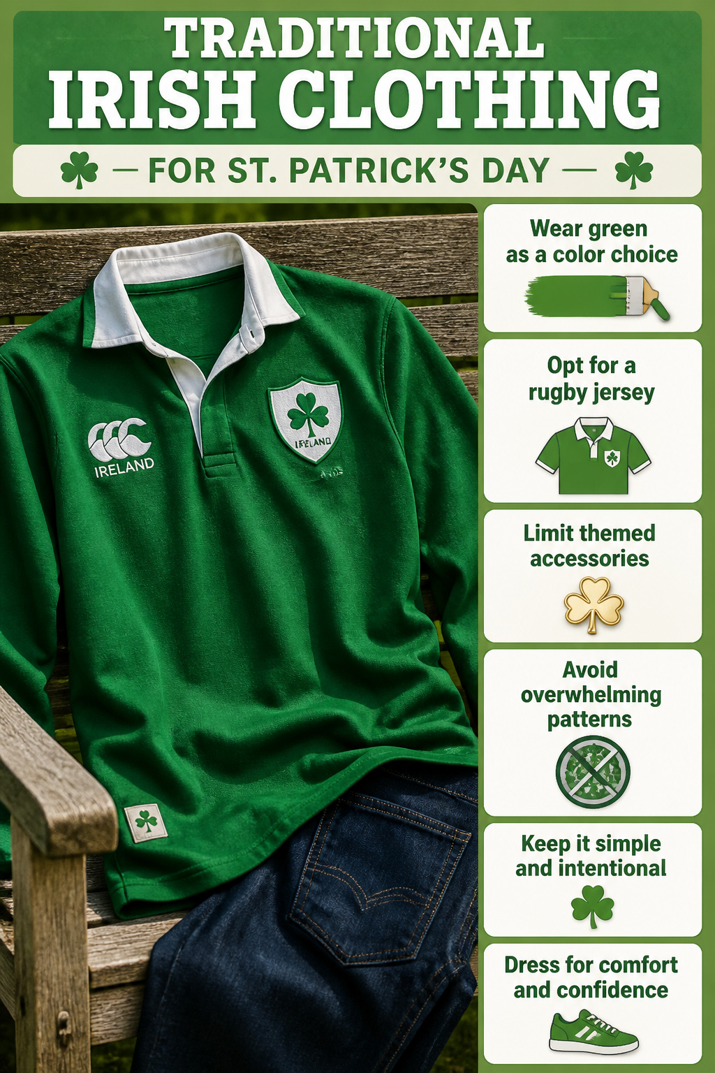 Green rugby jersey styled with dark denim.