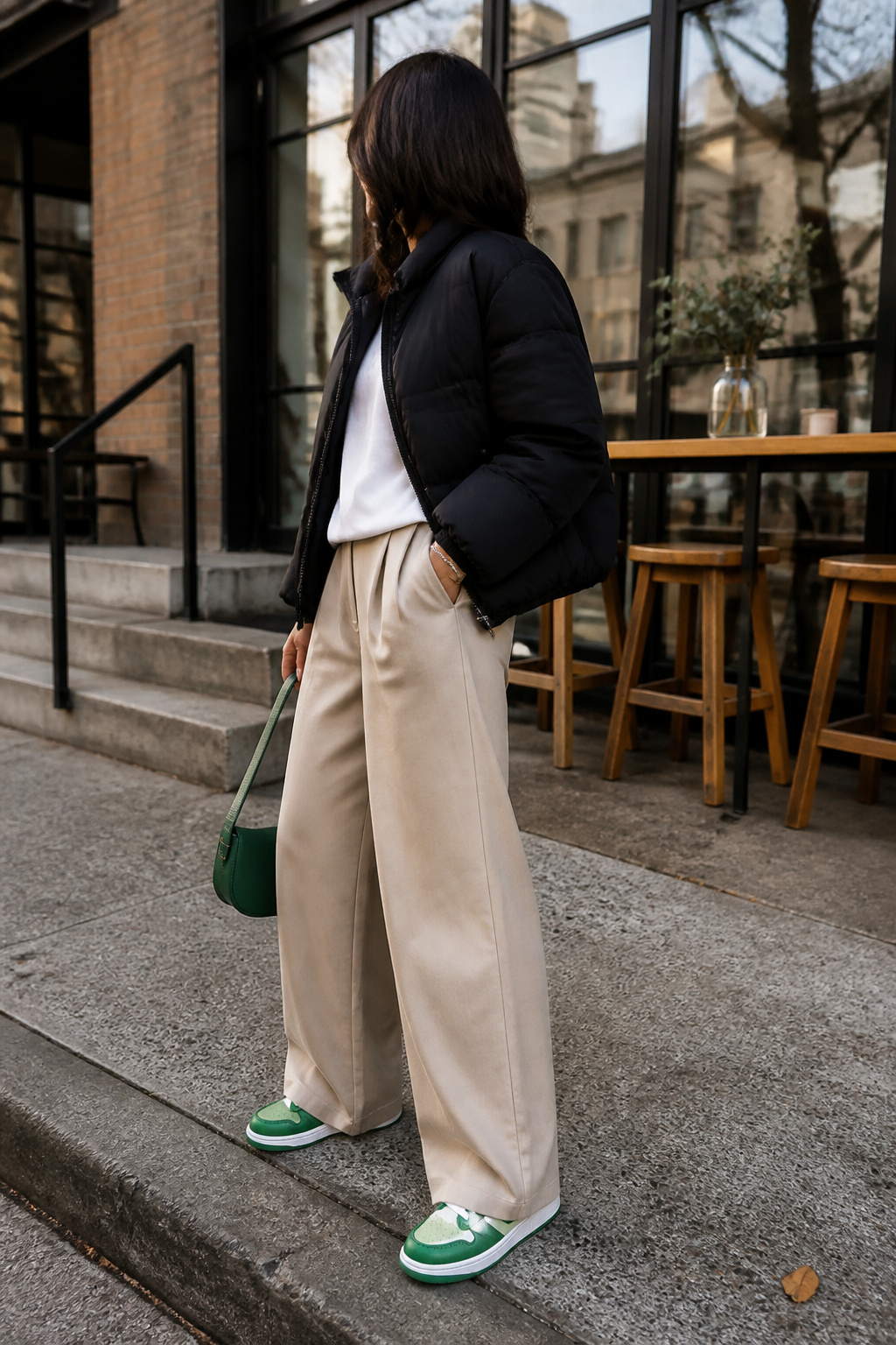 Green sneakers, beige wide-leg pants, and a black puffer jacket.