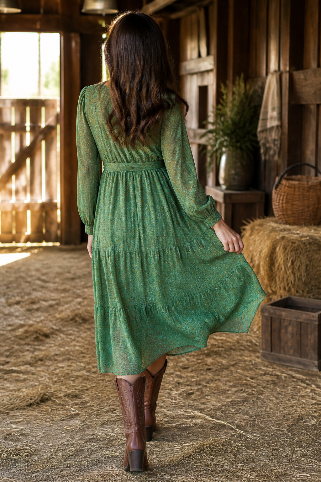 Green dress and cowboy boots against a rustic barn background.