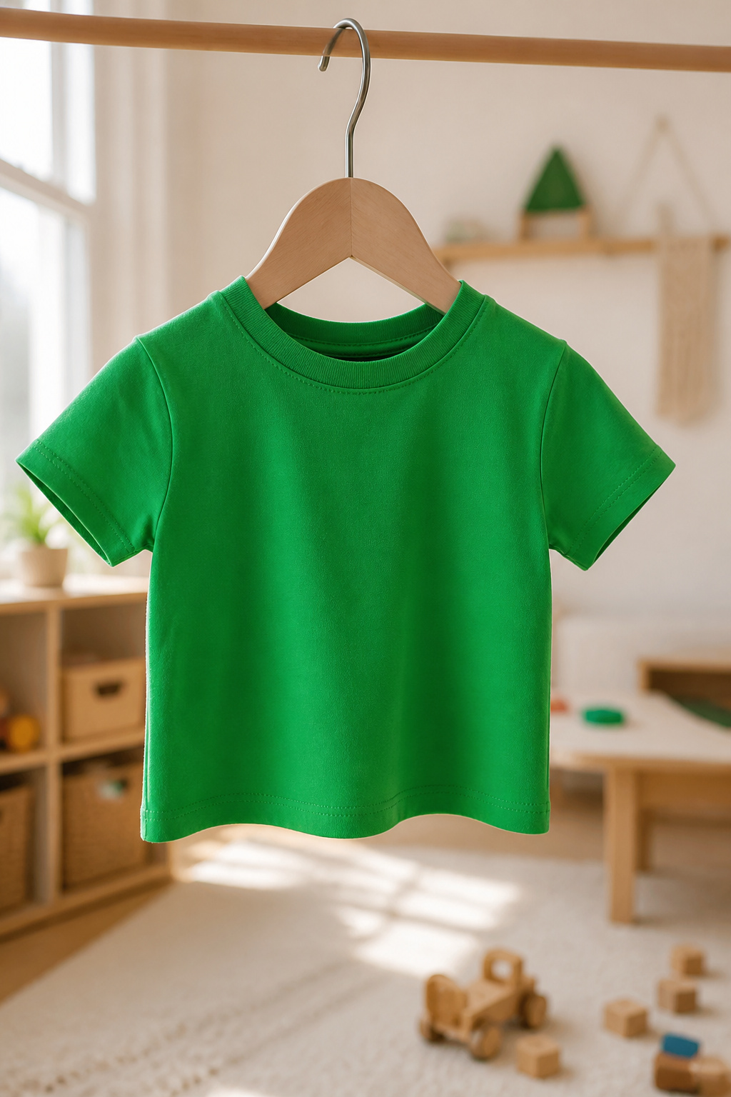 Toddler wearing a bright green short-sleeve tee.