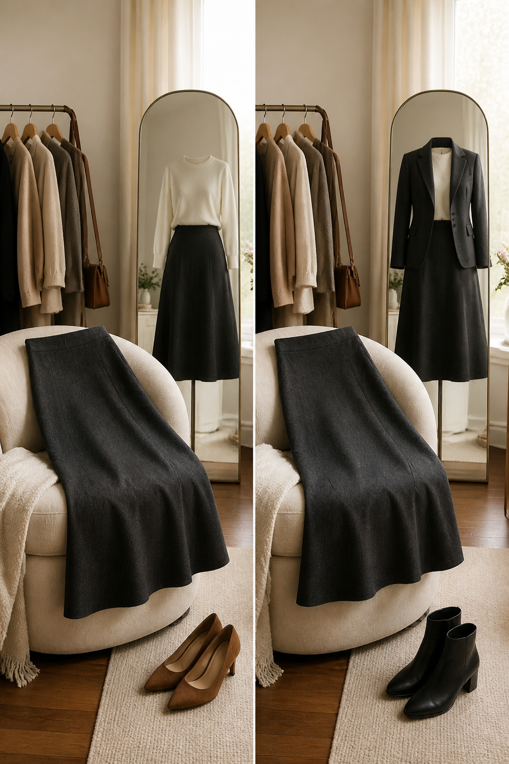 Model demonstrating outfits tailored to different body shapes with A-line skirts.