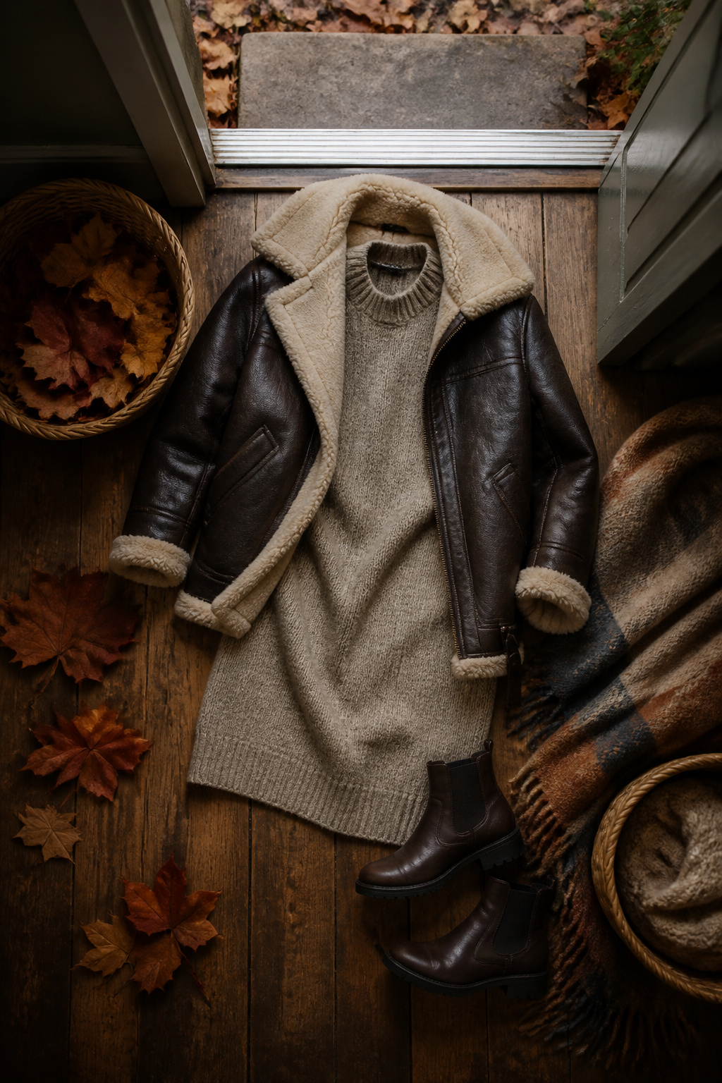 Model wearing a shearling-trimmed oversized leather jacket over a mini sweater dress.