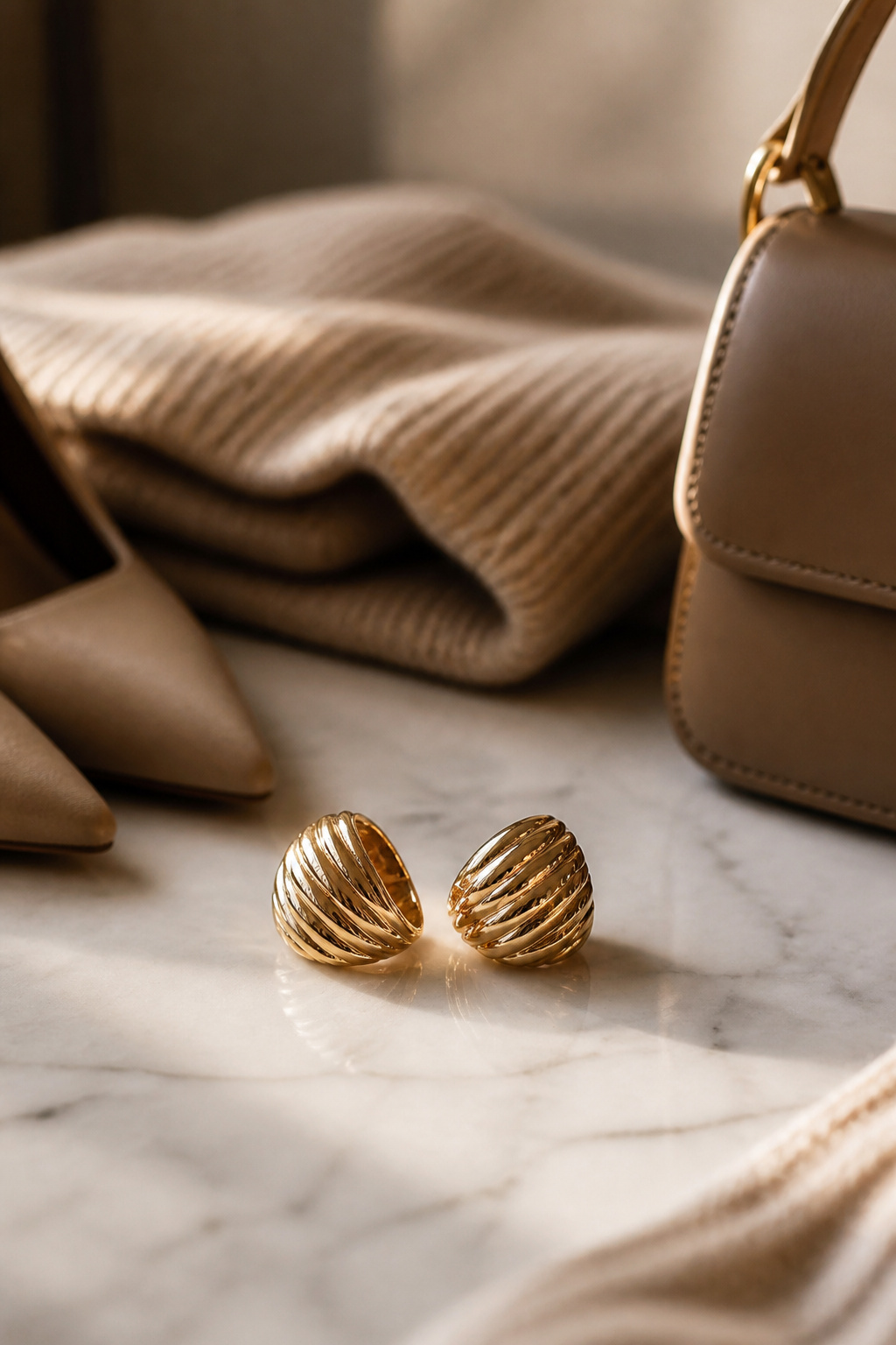 Close-up of sculptural stud earrings suitable for Thanksgiving.