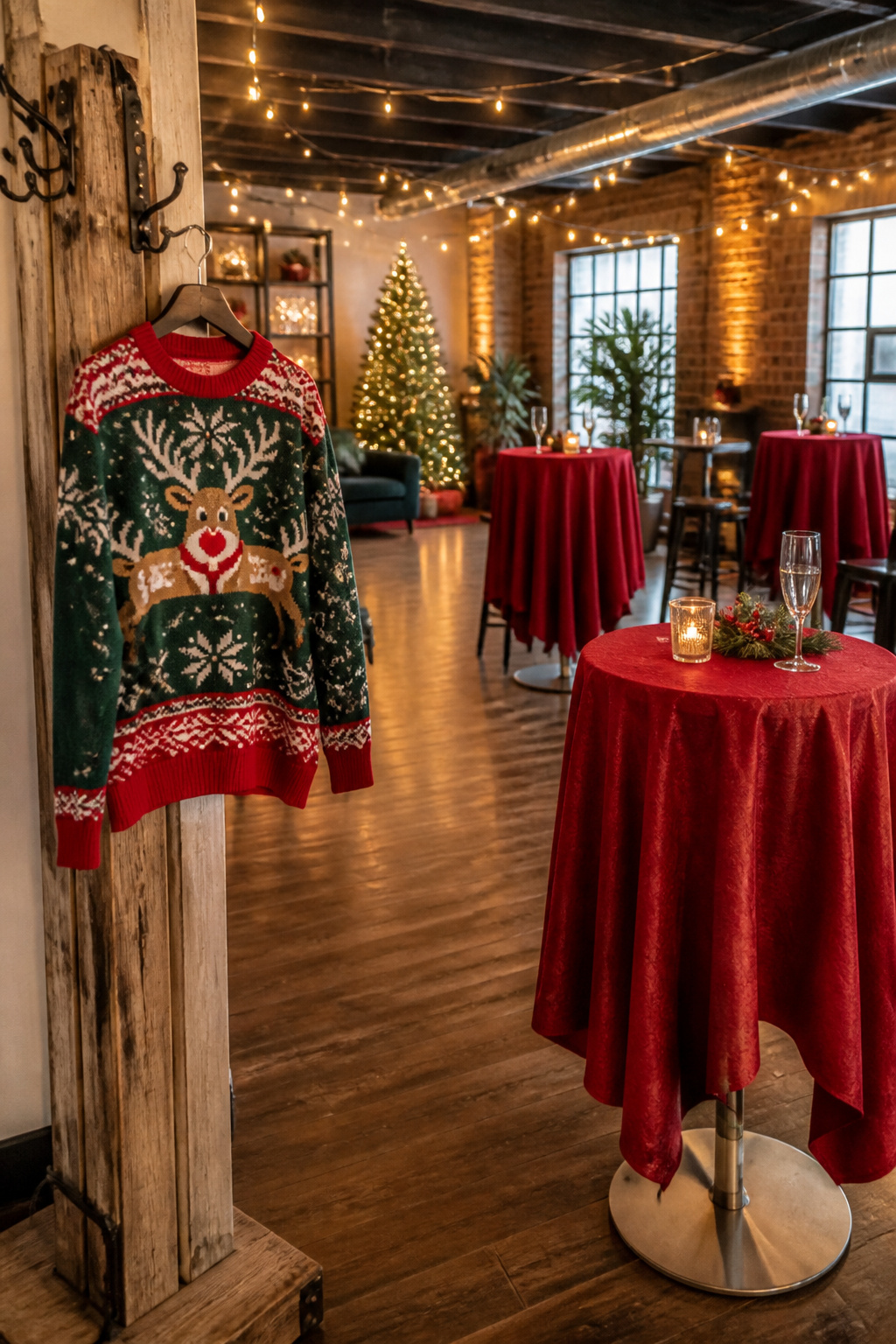 Holiday gathering area with an ugly Christmas sweater displayed prominently.