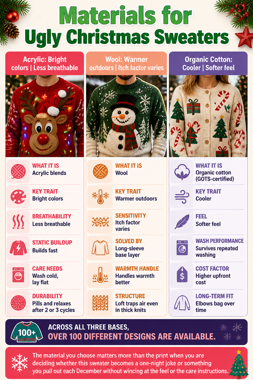 Materials guide for ugly Christmas sweaters highlighting different fabrics.