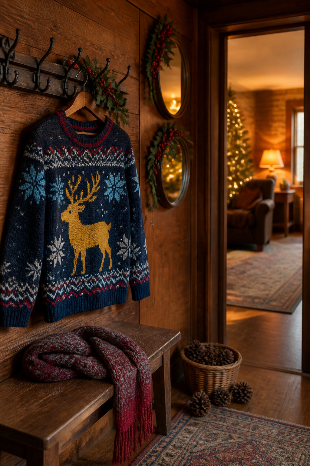 Classic ugly Christmas sweater decorated with snowflakes and a reindeer.