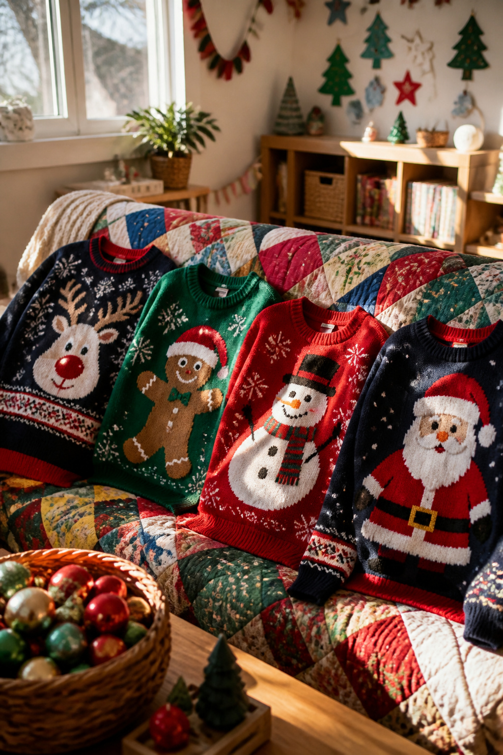 Set of family matching ugly Christmas sweaters on a patchwork quilt.