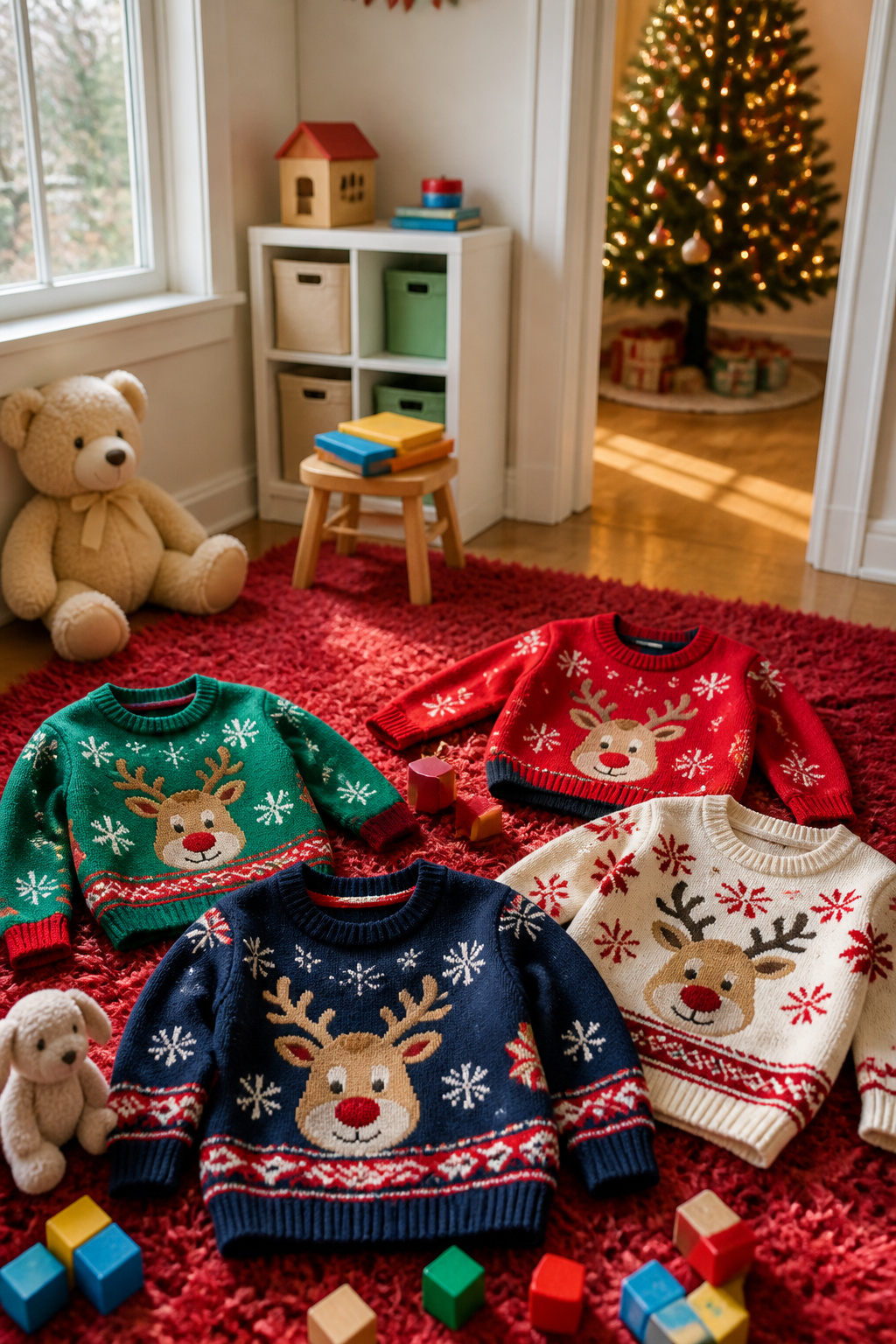 Selection of kid-sized ugly Christmas sweaters arranged on a red rug.