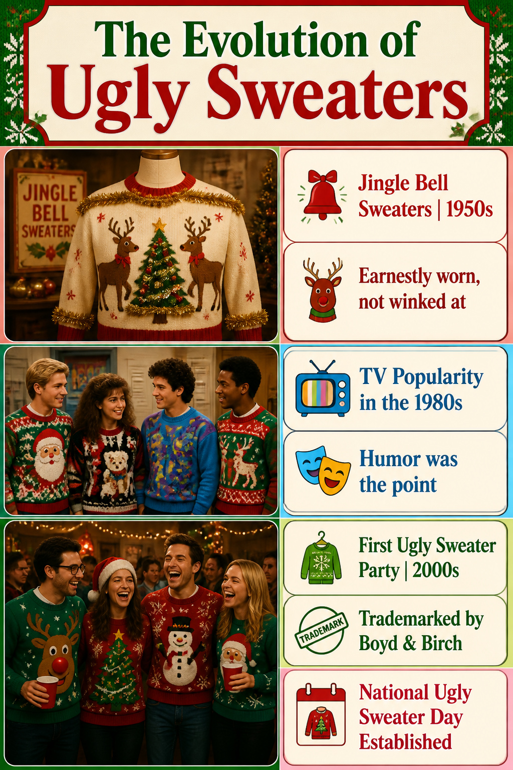 Information image showing the history of ugly Christmas sweaters.