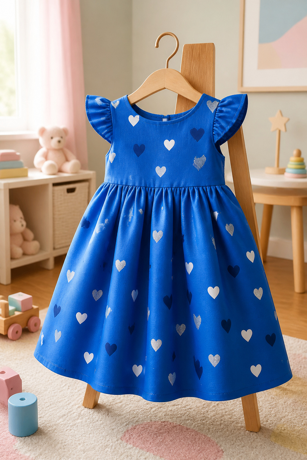 Toddler heart dress in blue with a heart motif.