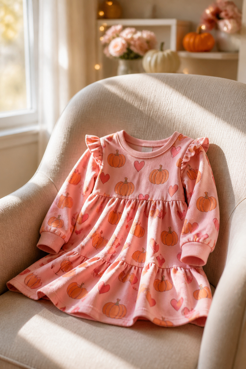 Pumpkin long-sleeve dress in pink for toddlers displayed.