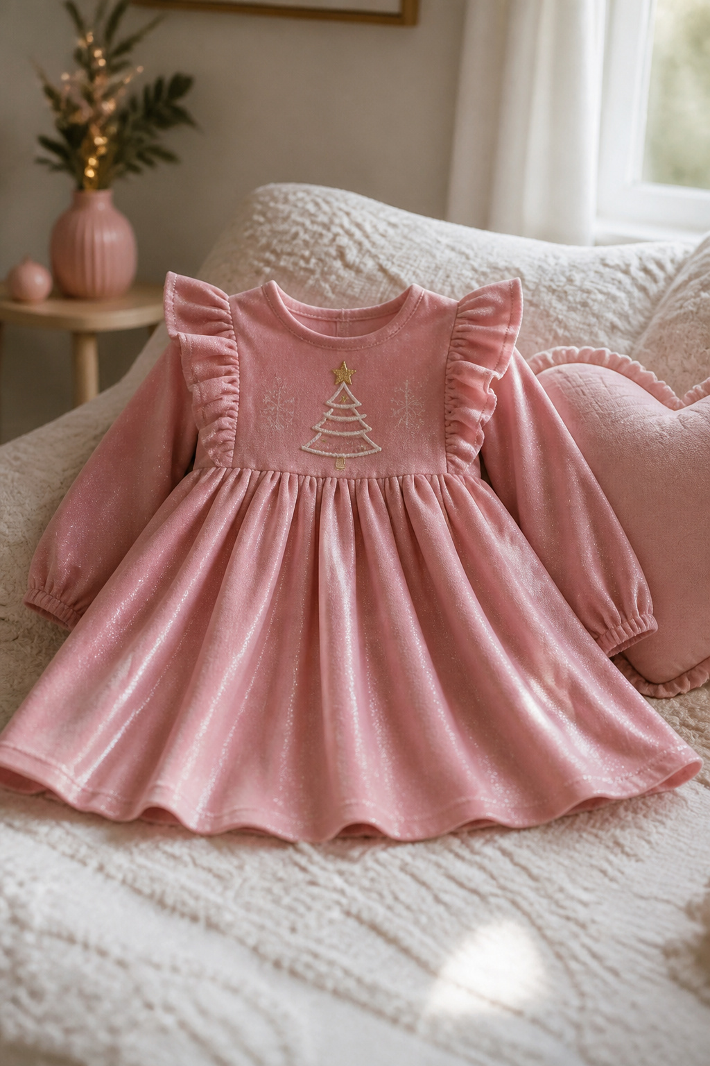 Christmas long-sleeve dress in pink with holiday motifs.