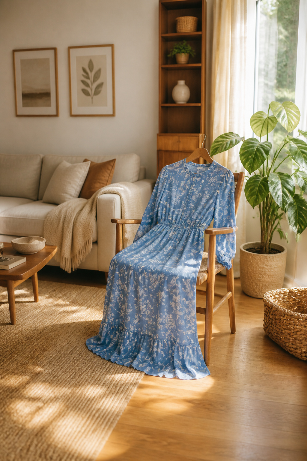 Floral long-sleeve dress in blue with scattered floral patterns.