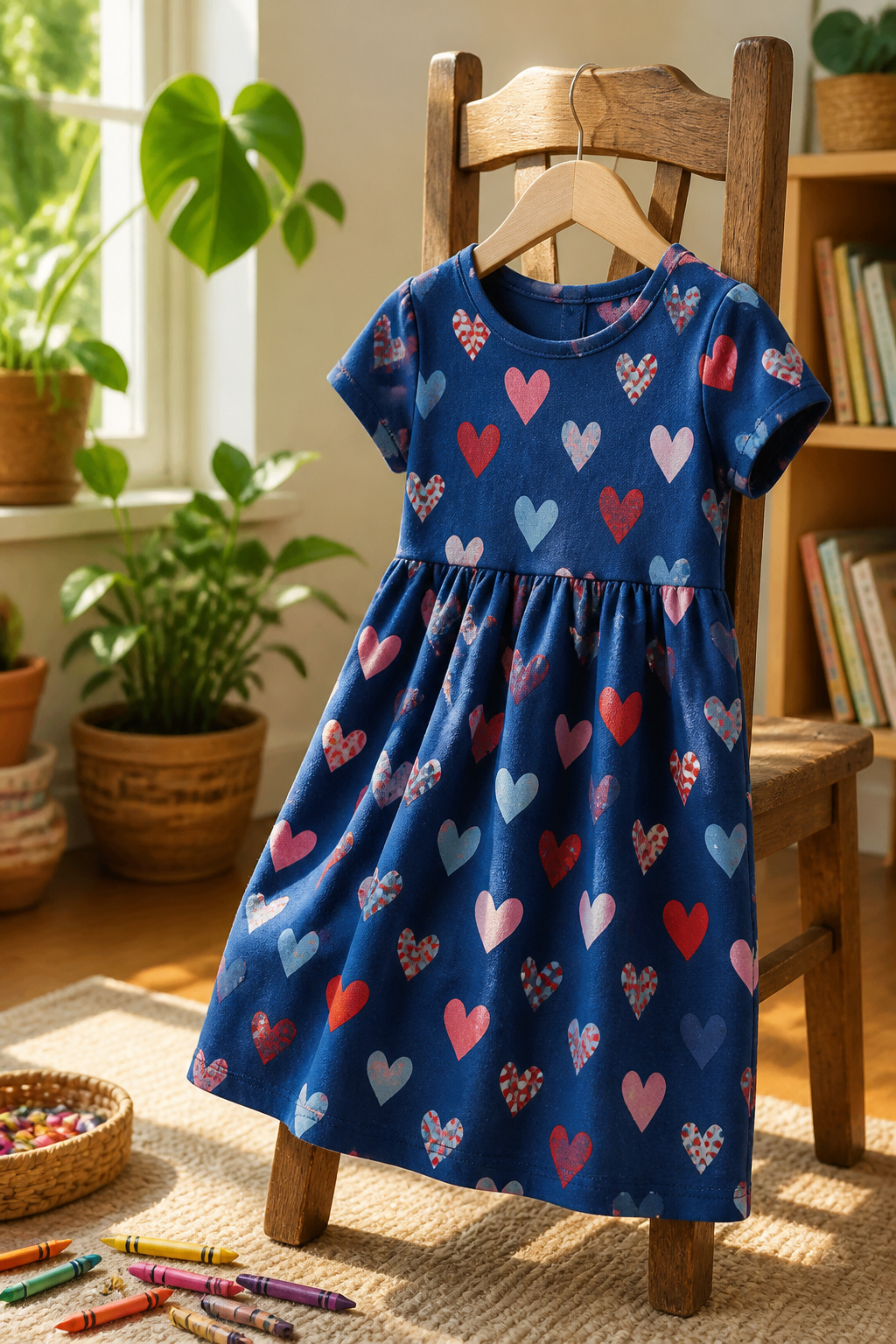 Girls heart dress in blue with a longer cut and short sleeves.