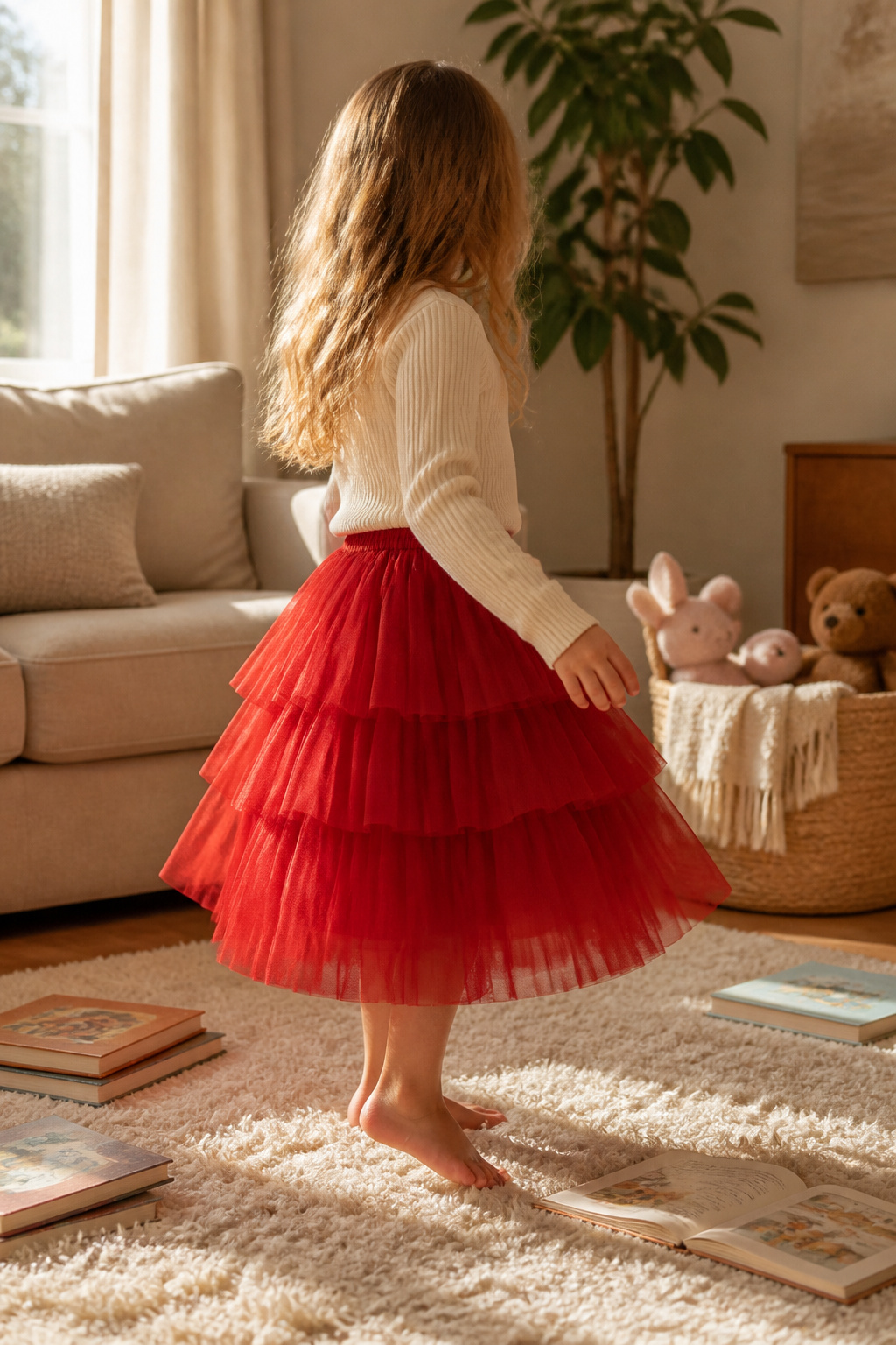 Tiered tulle midi skirt in red displayed elegantly.