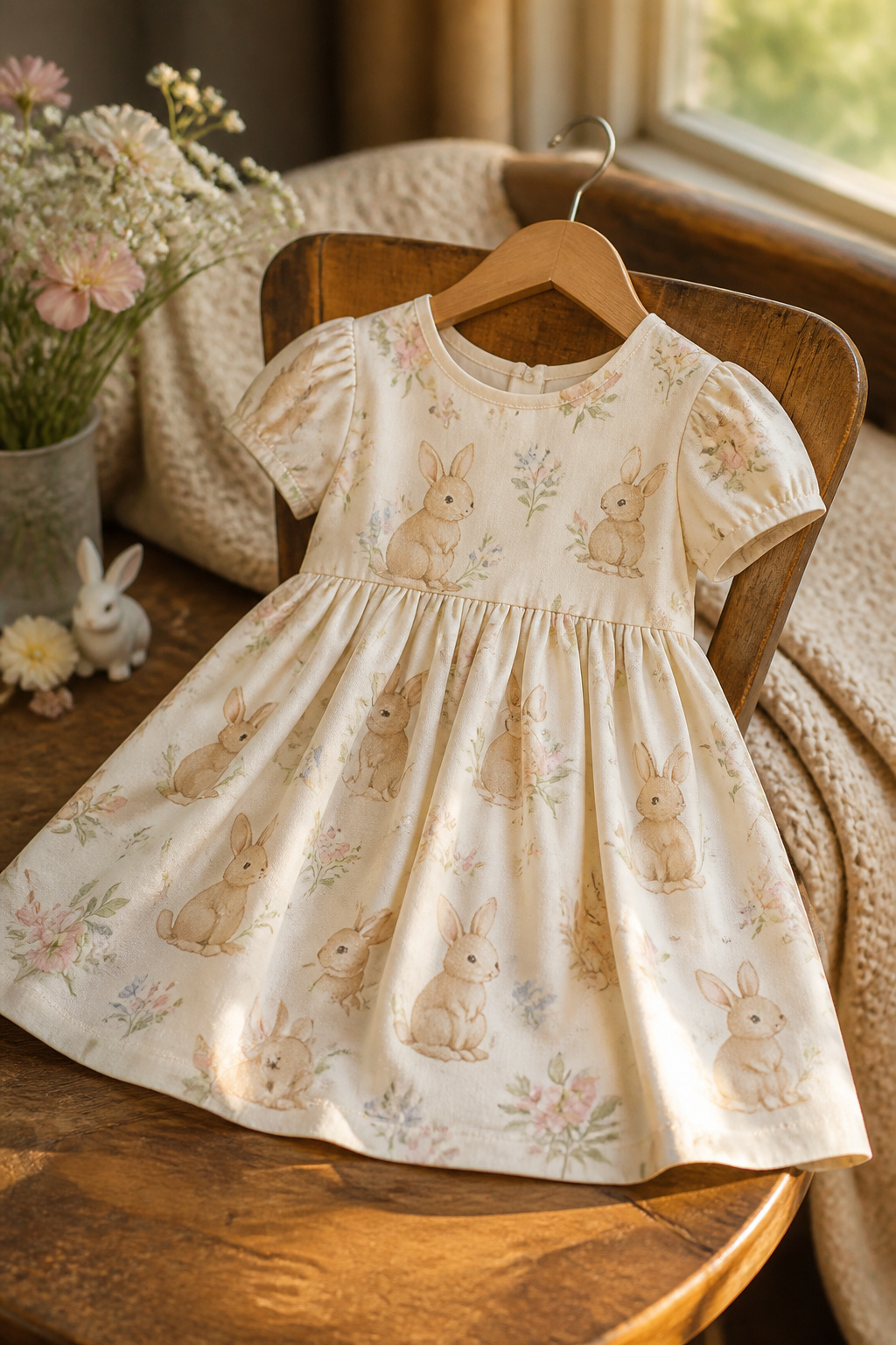 Easter Bunny short-sleeve dress in cream with a bunny motif.