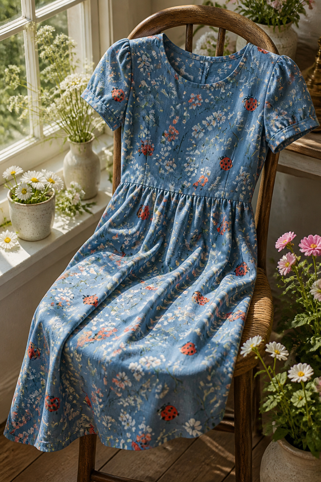 Floral ladybug short-sleeve dress in blue with floral patterns.