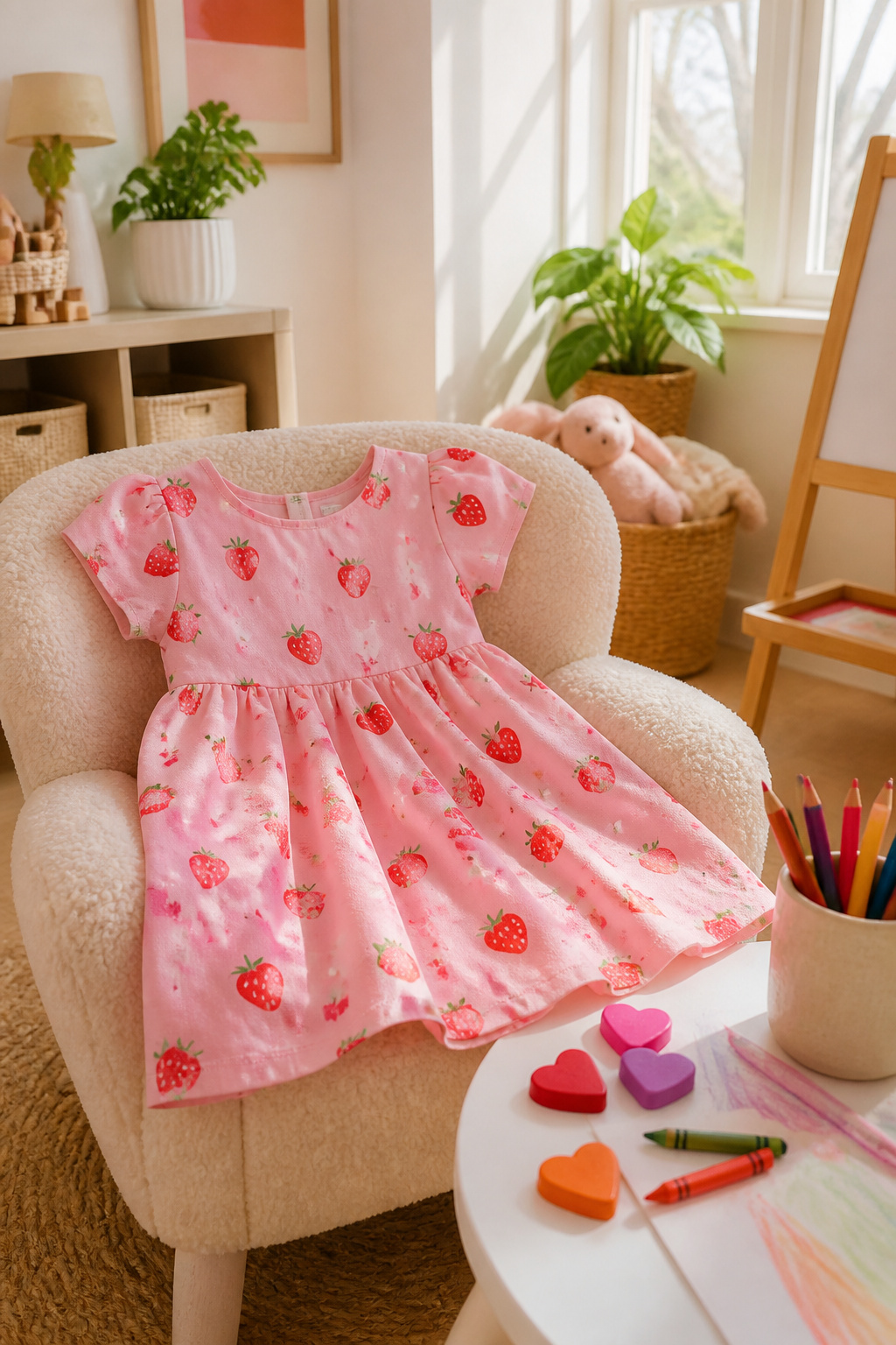 Toddler strawberry short-sleeve dress in pink with strawberry designs.
