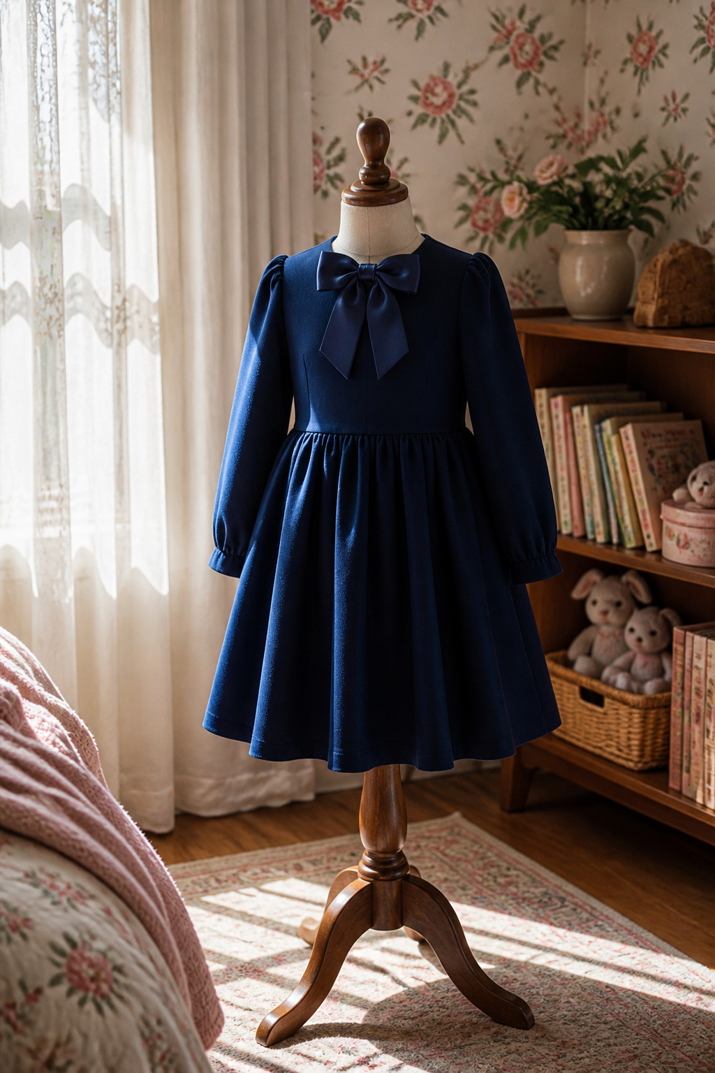 Bow long-sleeve dress in blue displayed on a mannequin.
