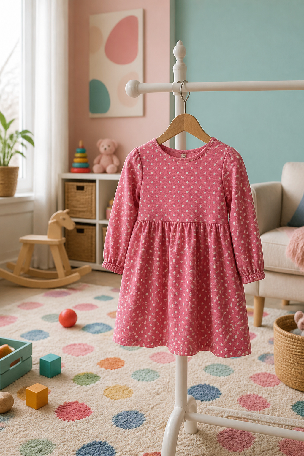 Pink long-sleeve dress dotted all over for toddlers.