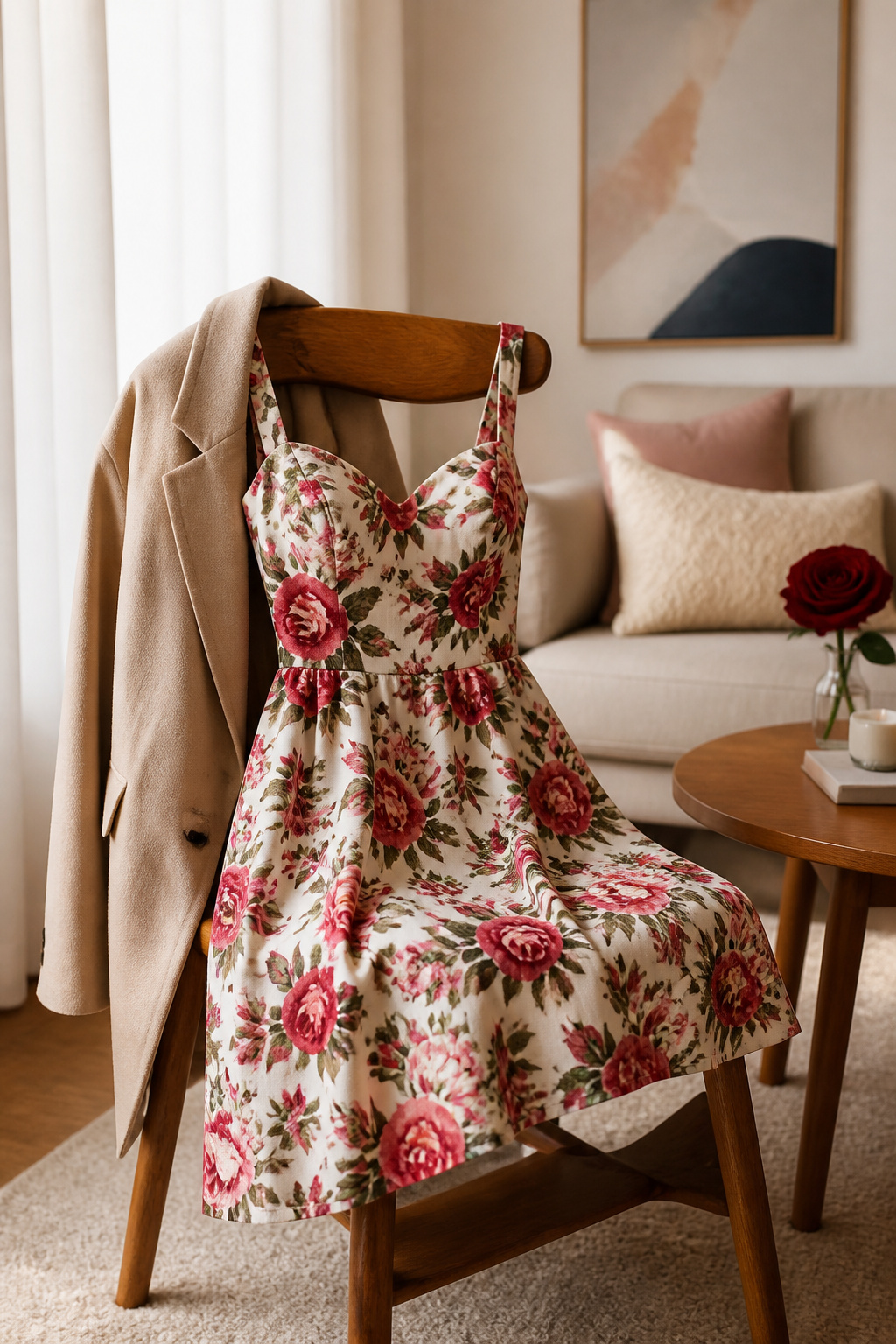 Floral mini dress hanging on a rack.